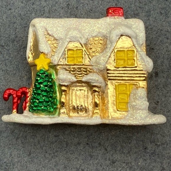 Christmas Pin Brooch House As Is Gold White Snow Green Tree Red Candy Canes - Picture 2 of 9